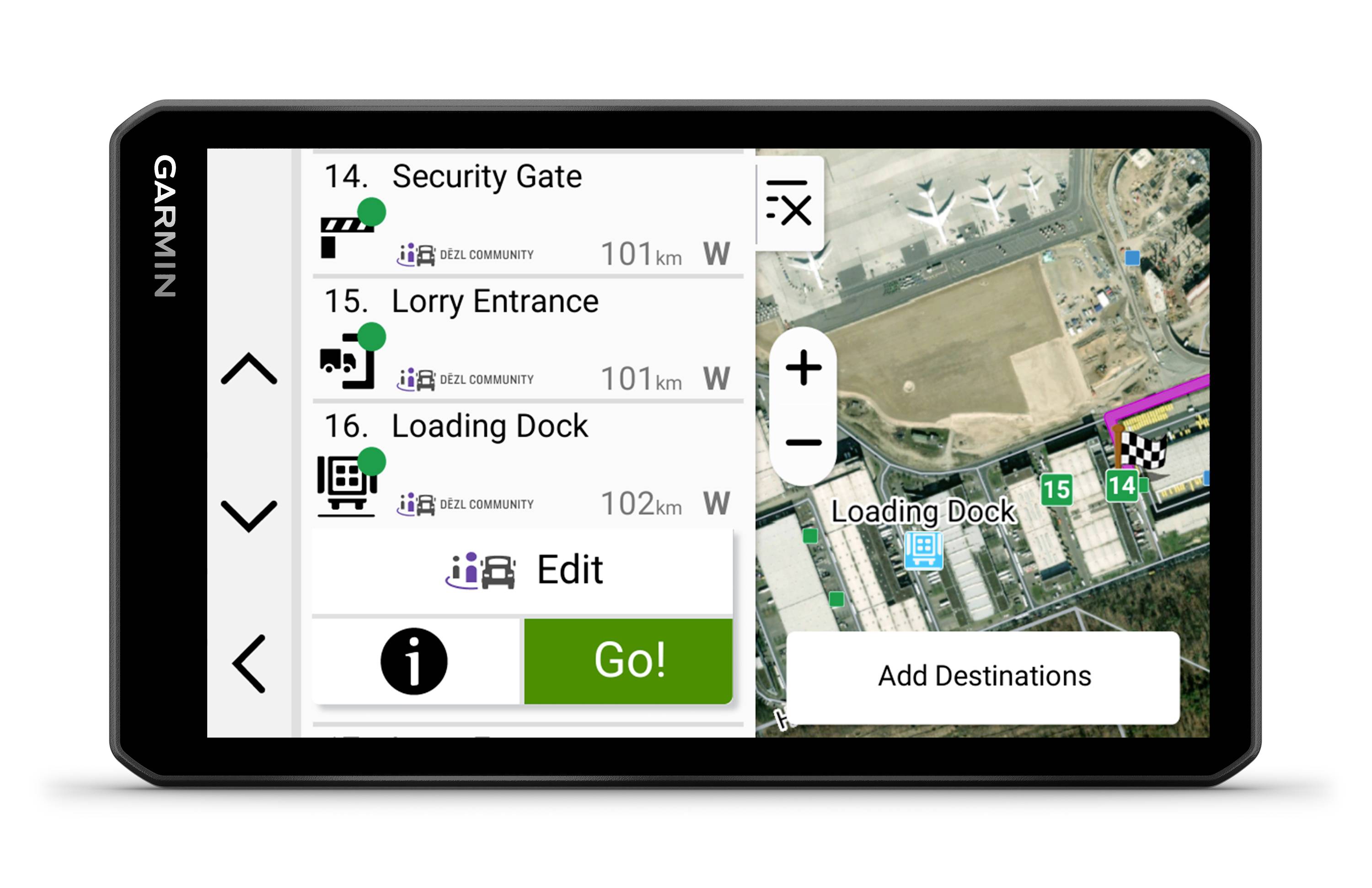 Navigationsgerät-Display zeigt eine Route mit drei Zielen: 'Security Gate', 'Lorry Entrance' und 'Loading Dock'. Satellite-Kartenansicht.