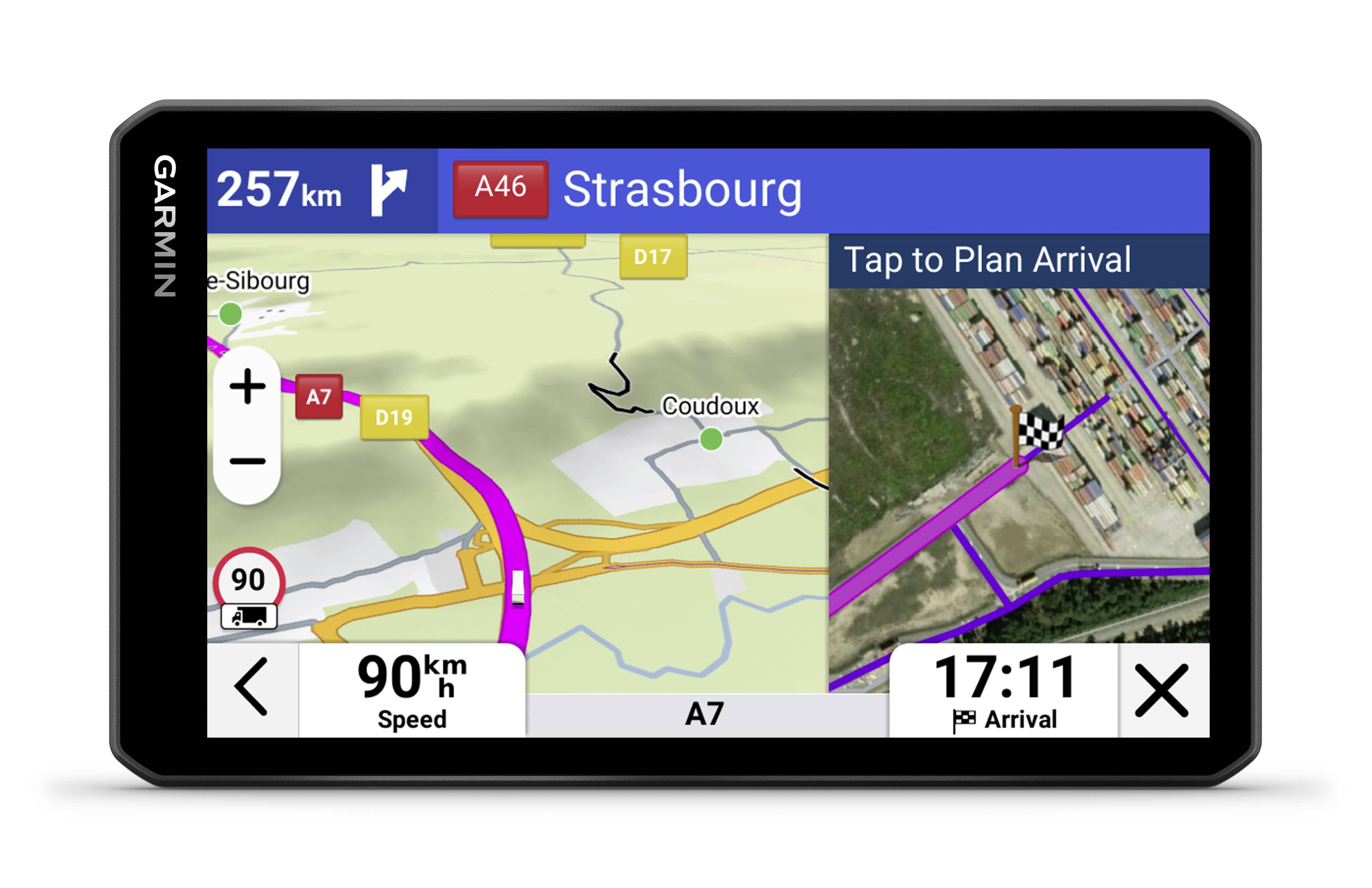 'Navigationsgerät zeigt Route nach Straßburg, 257 km entfernt, mit Karte und Ankunftszeit 17:11 Uhr. Geschwindigkeit: 90 km/h.'