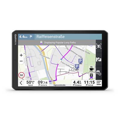 Navigationsgerät zeigt Strecke zur Raiffeisenstraße, 4,4 km entfernt. Ankunft 11:15. Geschwindigkeit 50 km/h. Verkehr und Parkmöglichkeiten angezeigt.