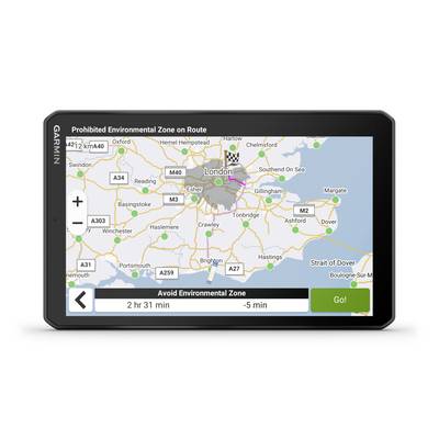 Navigationsgerät zeigt Karte mit Route. Ziel: London. Hinweis: Umweltzone umfahren. Fahrzeit: 2 Stunden 31 Minuten; verkürzte Zeit: 5 Minuten.