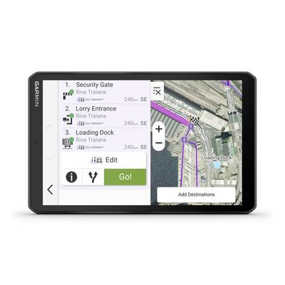 Ein Navigationsgerät zeigt eine Karte mit drei markierten Standorten: Sicherheitstor, Lkw-Einfahrt und Ladebereich, alle Richtung Südosten.
