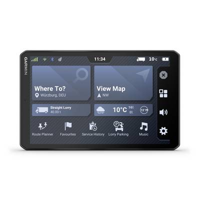 Autonavigationssystem zeigt Uhrzeit 11:34, Wetter mit 10°C und Symbole für Routenplanung, Favoriten, Service-Historie, Lkw-Parken, Musik.