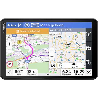 Navi-Bildschirm zeigt Route zum Messegelände mit Seitenwindwarnung, aktuelle Geschwindigkeit (80 km/h), Ankunft in 6,3 km bzw. 16:29 Uhr.
