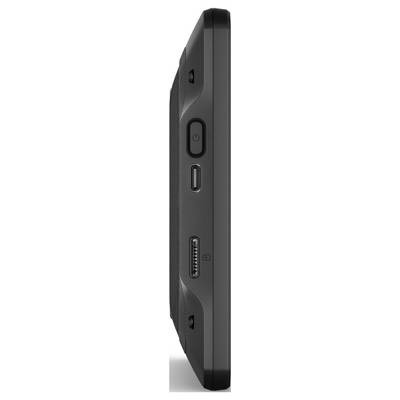 Seitenansicht eines Tablets mit Ein-/Aus-Taste, USB-C-Anschluss und einem weiteren Anschluss. Geräteoberfläche ist schwarz.