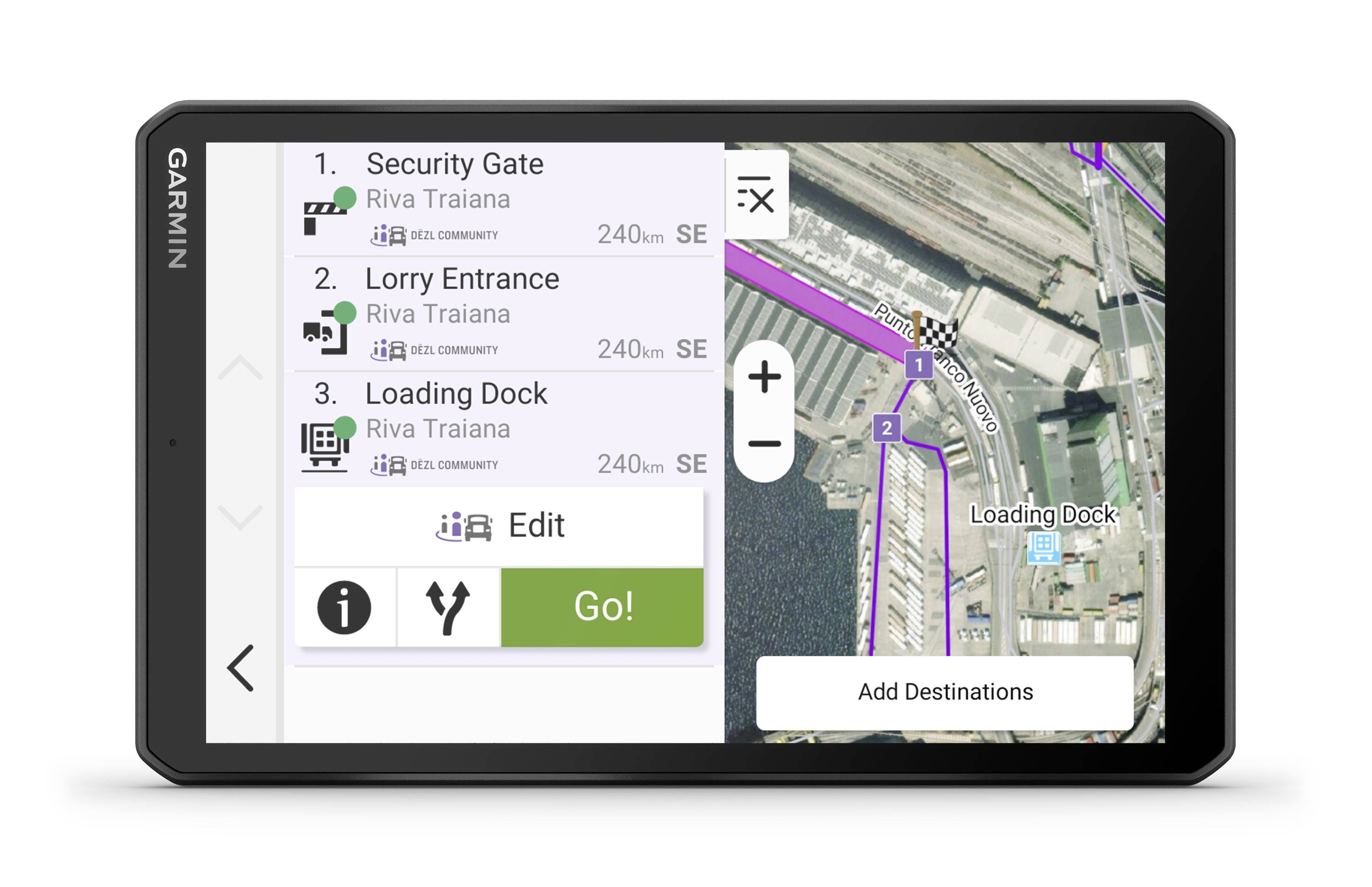 Kartenansicht eines Navigationssystems mit Anweisungen zu Tor, Lastwageneingang und Ladebereich. Ziele: 'Security Gate', 'Lorry Entrance', 'Loading Dock'.