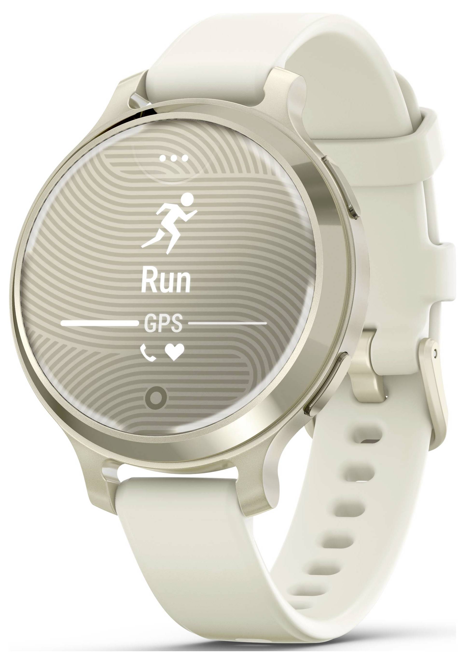 Smartwatch mit rundem Display zeigt Laufmodus an, GPS aktiviert, Herzfrequenz-Überwachung; weißes Armband; gezeigte Bewegungserinnerung.