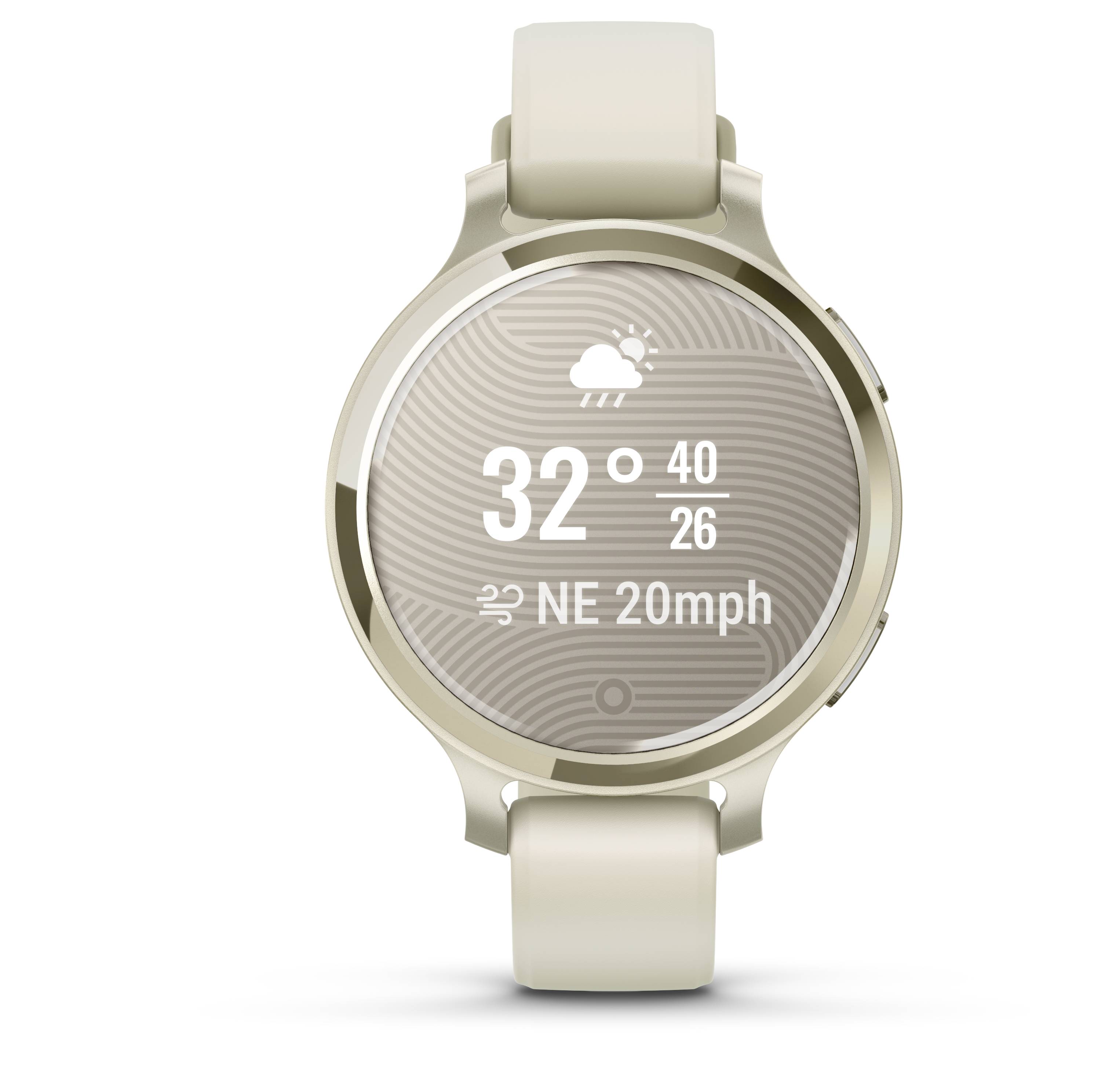 Beige Armbanduhr mit digitalem Display zeigt Wettervorhersage: 32 Grad, regnerisch, Wind 20 mph aus Nordosten.