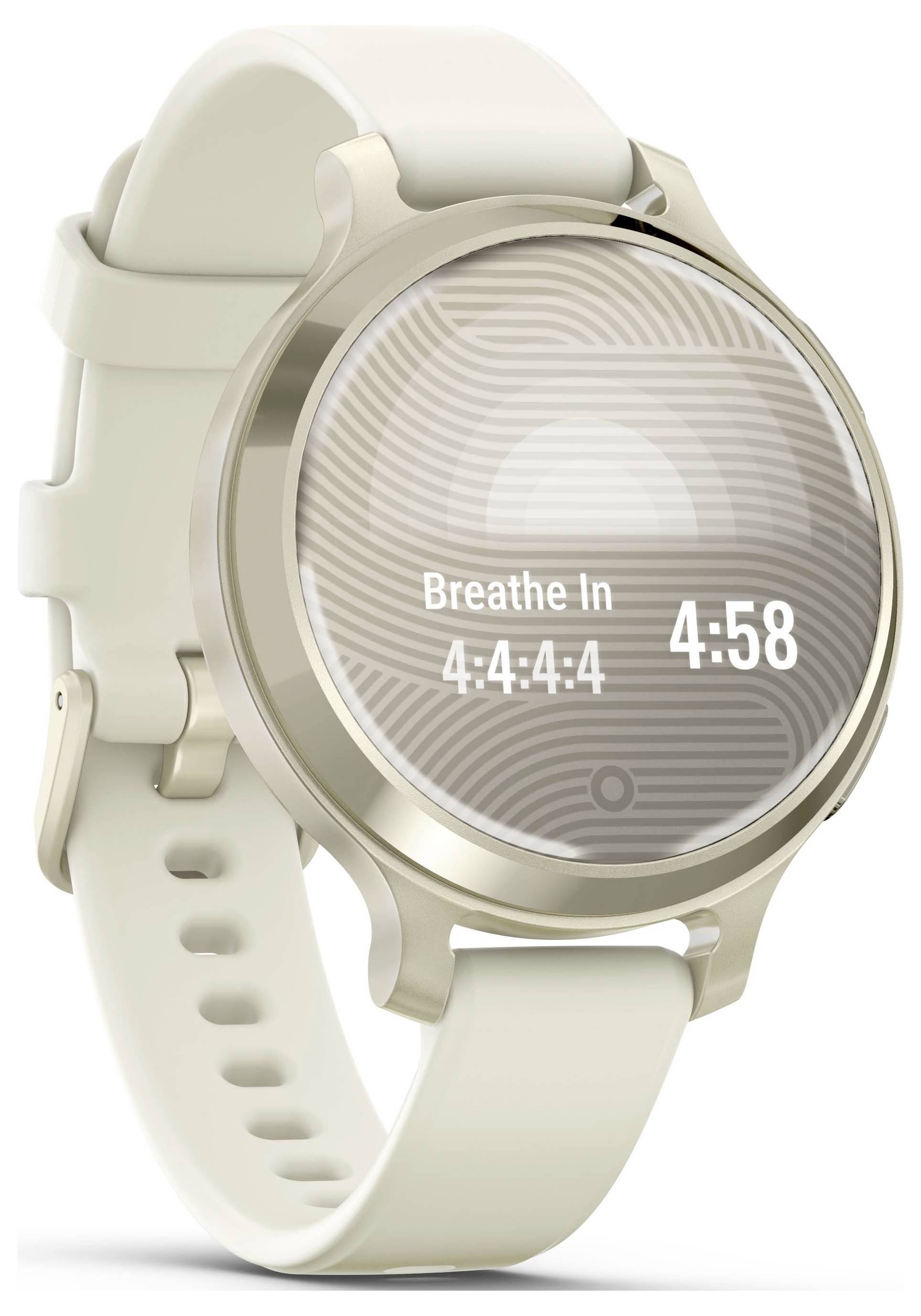 Eine Smartwatch mit rundem Zifferblatt zeigt die Anzeige 'Breathe In' und die Zeit '4:58'. Das Design ist modern und minimalistisch.