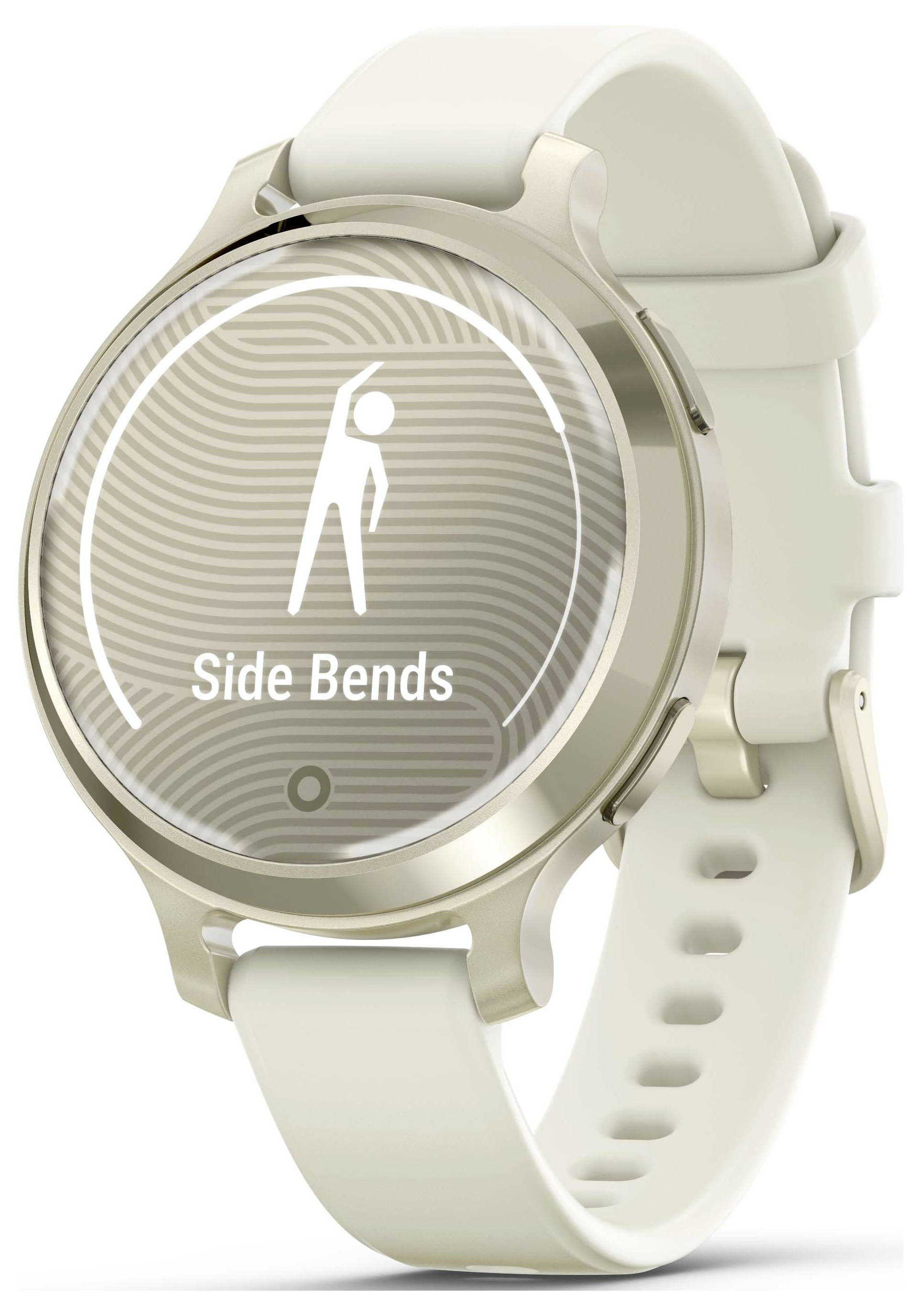 Intelligente Armbanduhr mit Übungsanzeige 'Side Bends'. Kreisförmiges Display, weißes Armband. Fitness-Tracking-Funktion erkennbar.