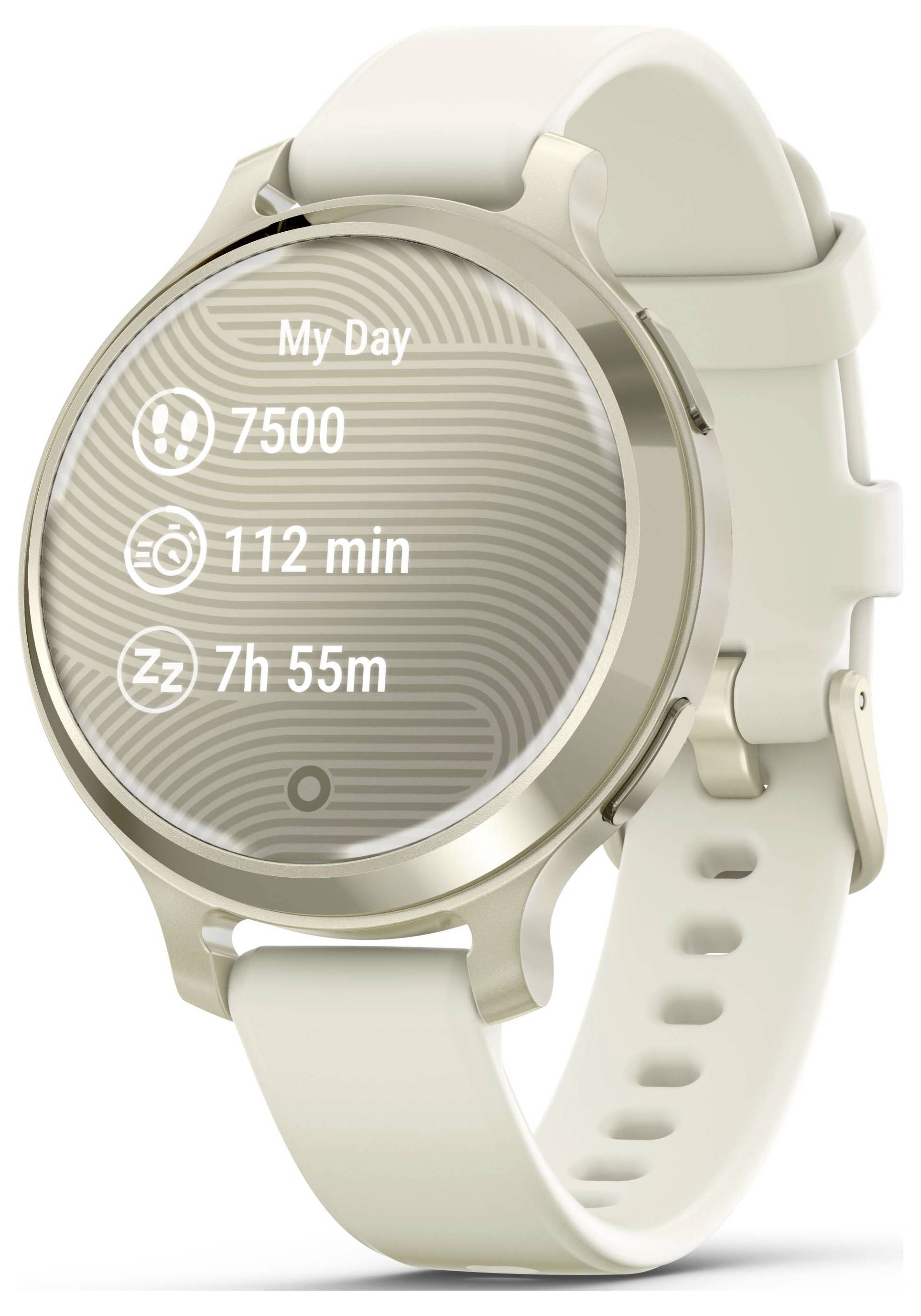 Eine Smartwatch mit weißem Armband zeigt Daten: '7500 Schritte', '112 Min Aktivität' und '7h 55min Schlaf' auf dem Display an.