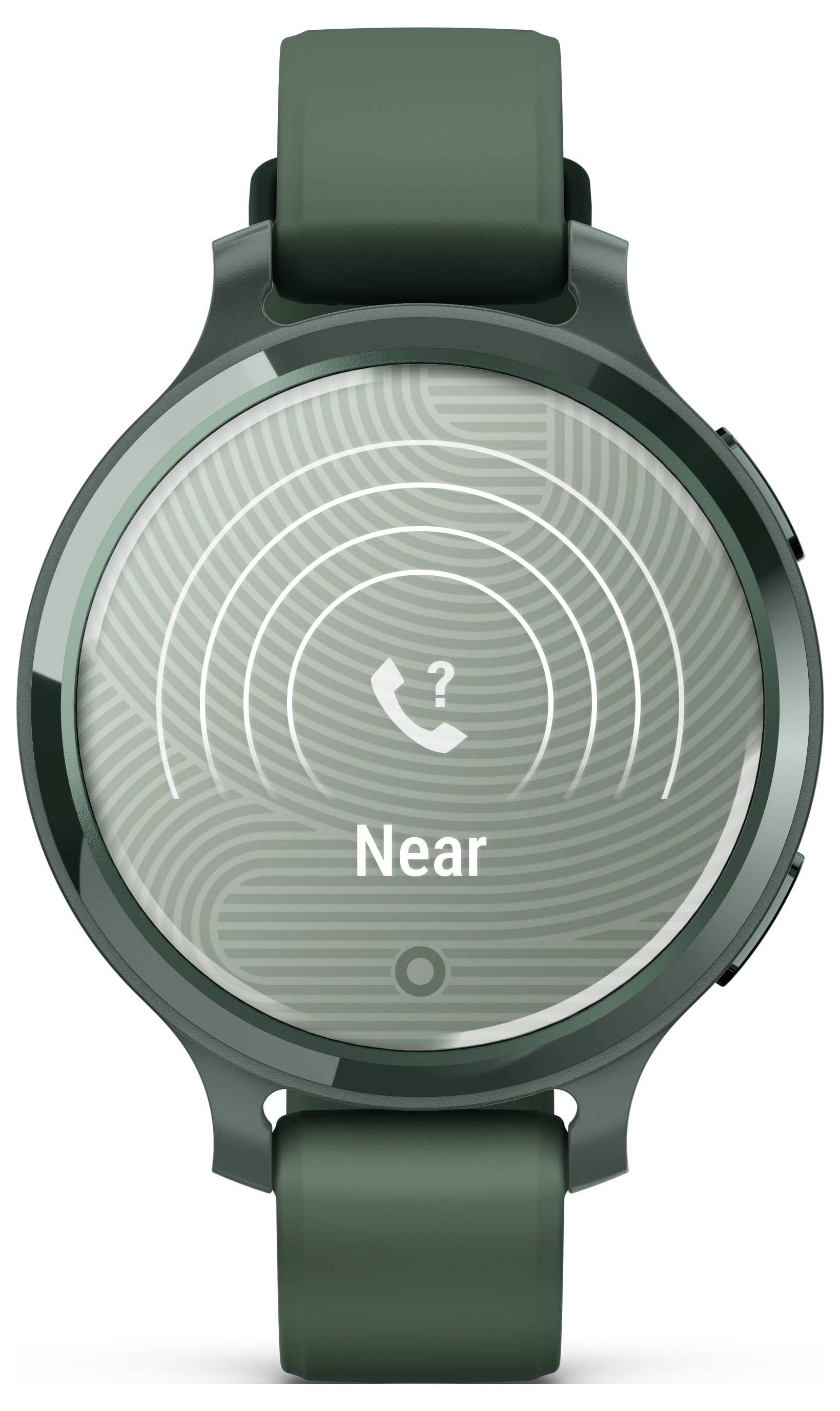 Eine grüne Smartwatch mit kreisförmigem Muster auf dem Display. Ein Telefonsymbol mit Fragezeichen und das Wort 'Near'.