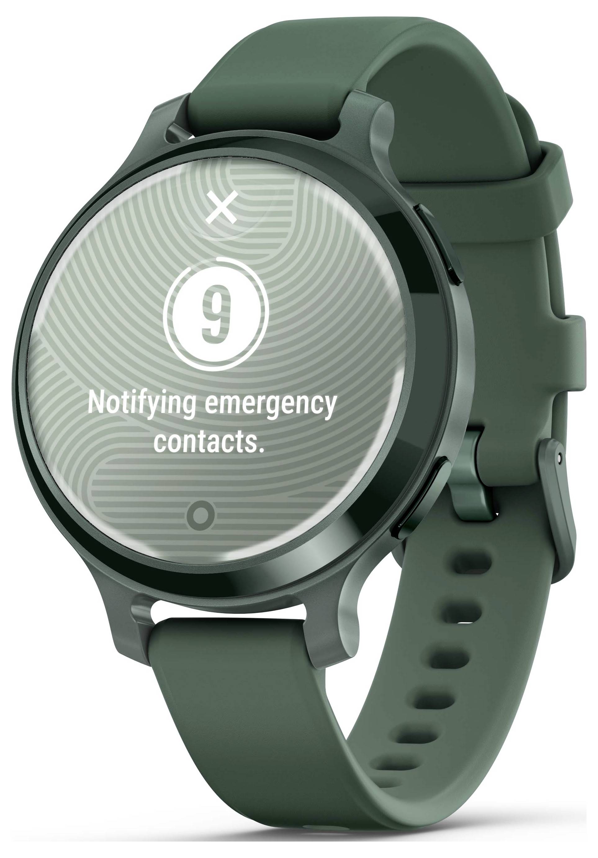 Eine grüne Smartwatch mit rundem Display zeigt die Nachricht 'Notifying emergency contacts' an.
