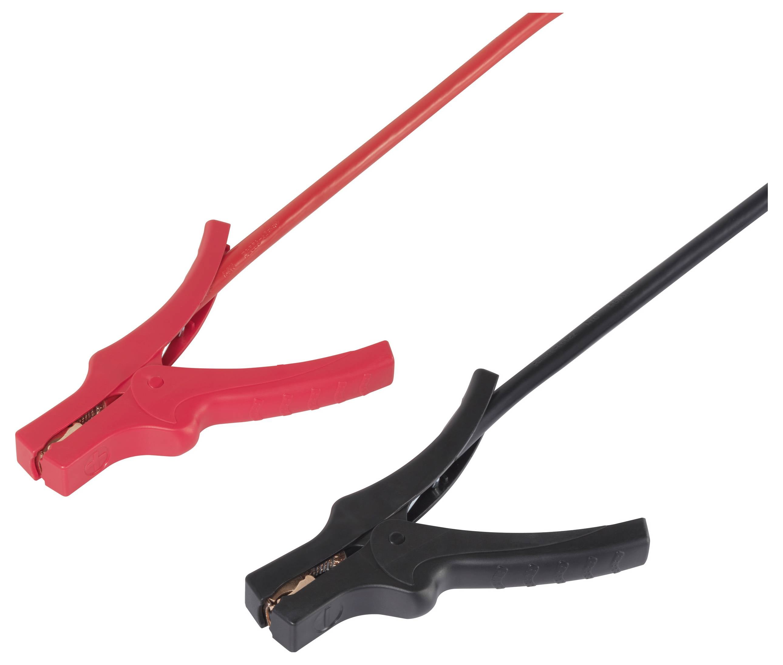 Zwei Starthilfekabel, eines rot, eines schwarz, mit Klemmenenden, dienen zum Überbrücken von Autobatterien.