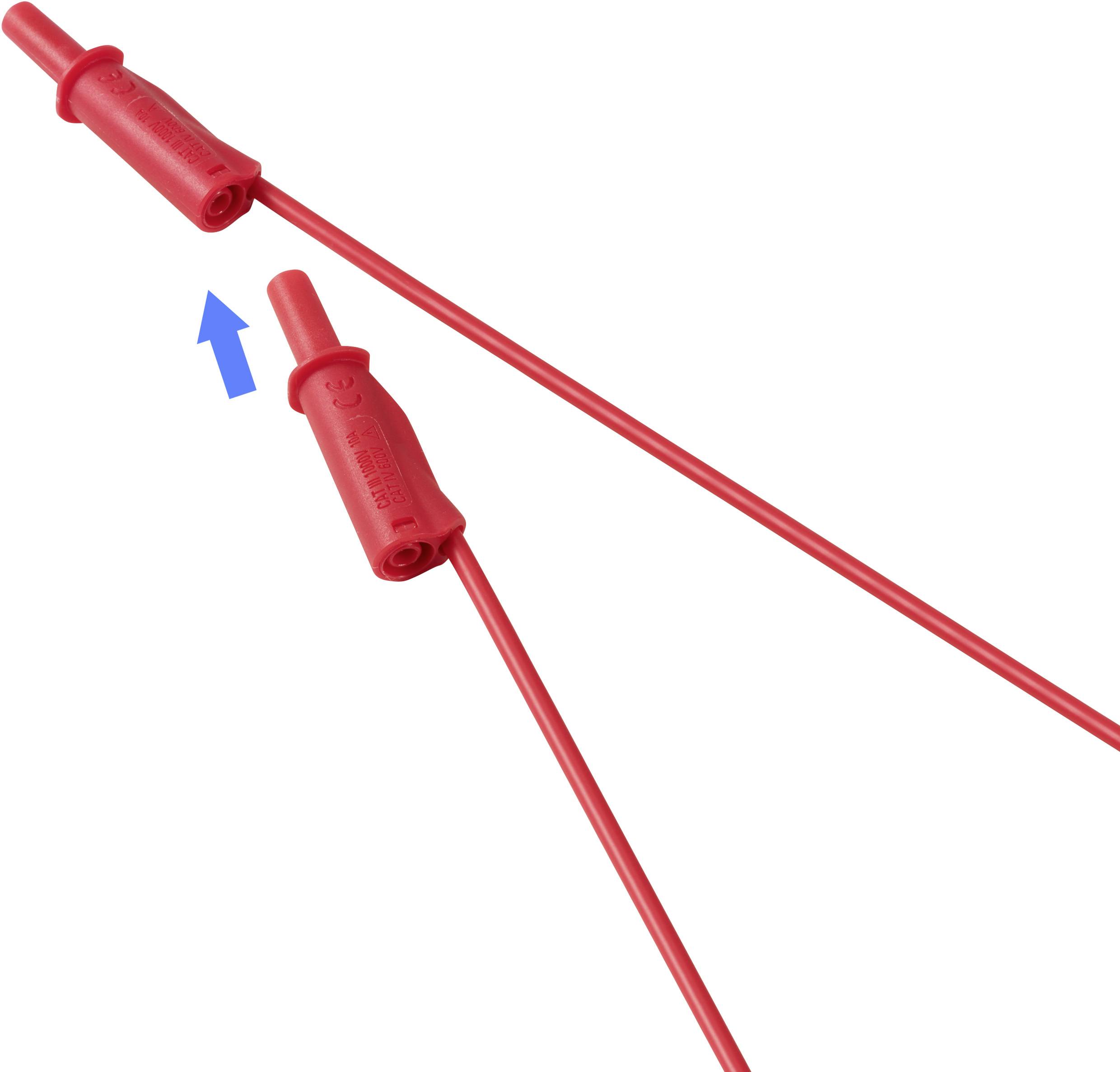 Zwei rote Testleitungen mit einem abgewinkelten Stecker, wobei eine Leitung von der anderen abgezogen wird.