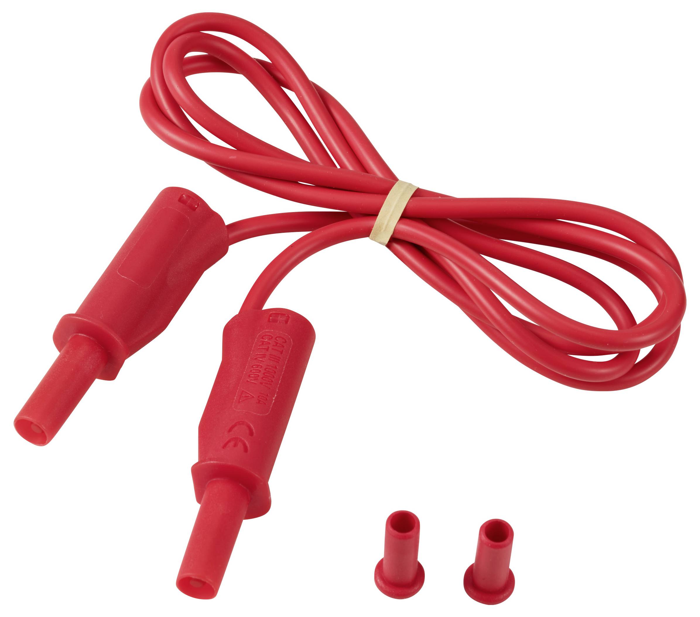 Rotes Messkabel mit zwei Steckern und zwei zusätzlichen Abdeckkappen. Geeignet für elektrische Messgeräte.