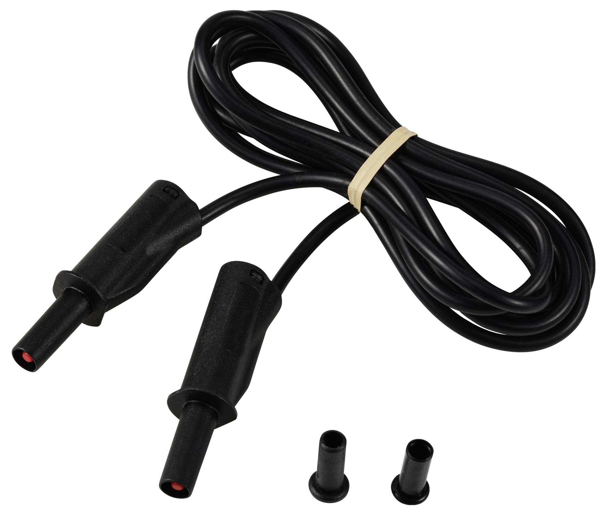 Schwarzes Testkabel mit zwei Steckern und Abdeckungen, zusammengebunden mit einem Gummiband, zur Verwendung in elektrischen Messungen.