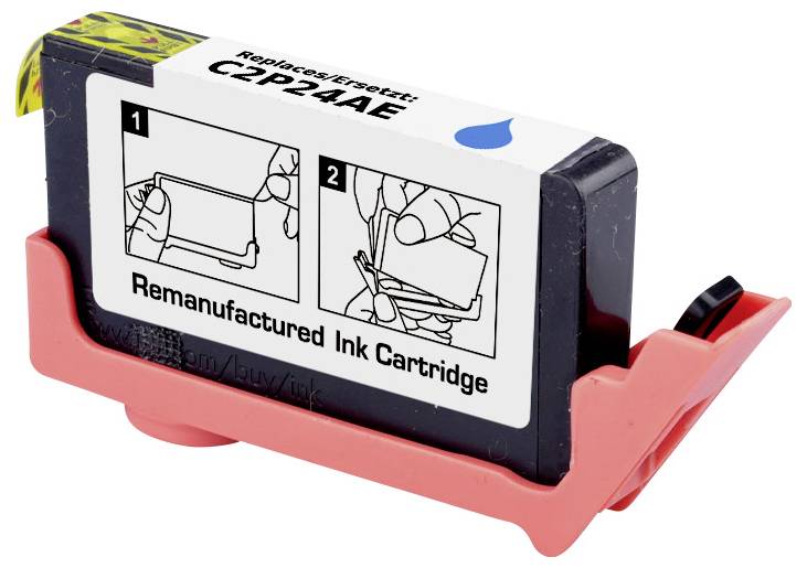 Aufbereitete Tintenpatrone C2P24AE mit Installationsanleitung in zwei Schritten, gehalten in einem rosa Plastikhalter.