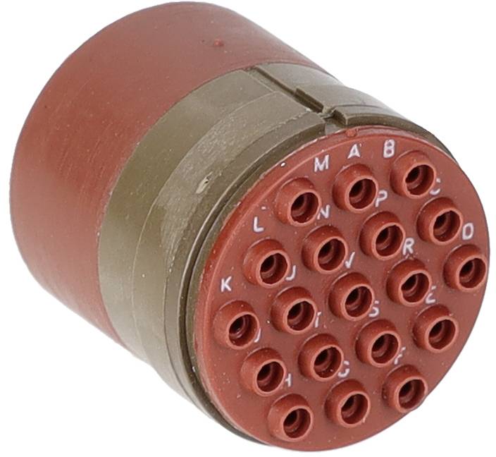 Roter kreisförmiger elektrischer Stecker mit mehreren Stiftlöchern, gekennzeichnet von A bis R, wird zum Verbinden von elektronischen Komponenten verwendet.
