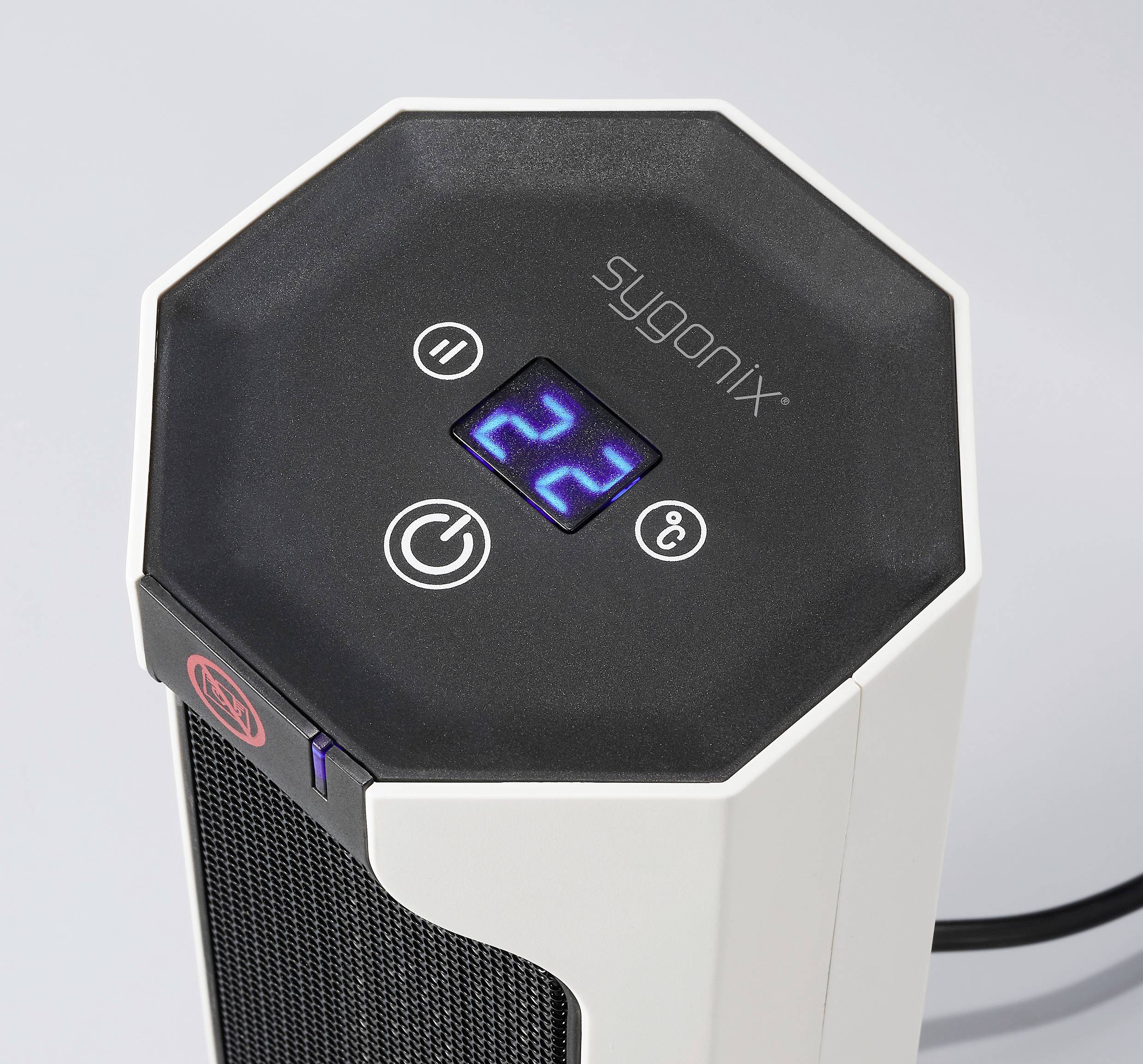 Ein Heizgerät mit digitalem Display zeigt '22' Grad Celsius. Das schwarze Bedienfeld hat Tasten für Temperaturregelung und Ein/Aus.