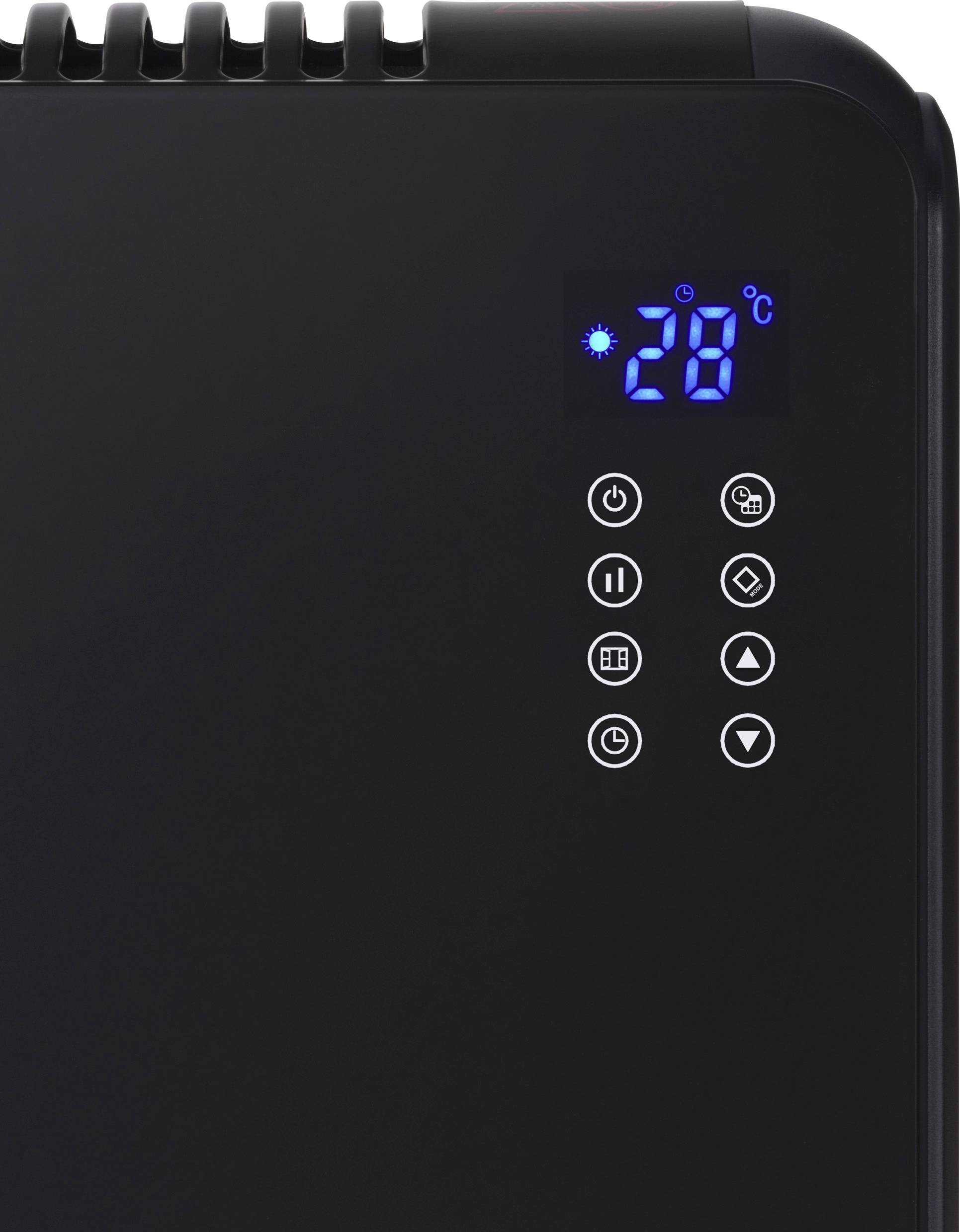 Schwarzes Heizgerät mit blau leuchtendem Display zeigt '28°C'. Darunter sieben Tasten für Steuerung, darunter Ein/Aus und Timer.