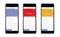 Drei Smartphones zeigen eine App mit Wasserstandsmeldungen: kein Wasser (blau), Wasseraustritt-Alarm (rot), Wasserknappheit-Alarm (orange).