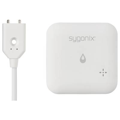 Ein weißer Luftfeuchtigkeits- und Temperatursensor von 'sygonix' mit Kabel und Stecker, zeigt das Tropfen-Icon zur Wasserdektion.