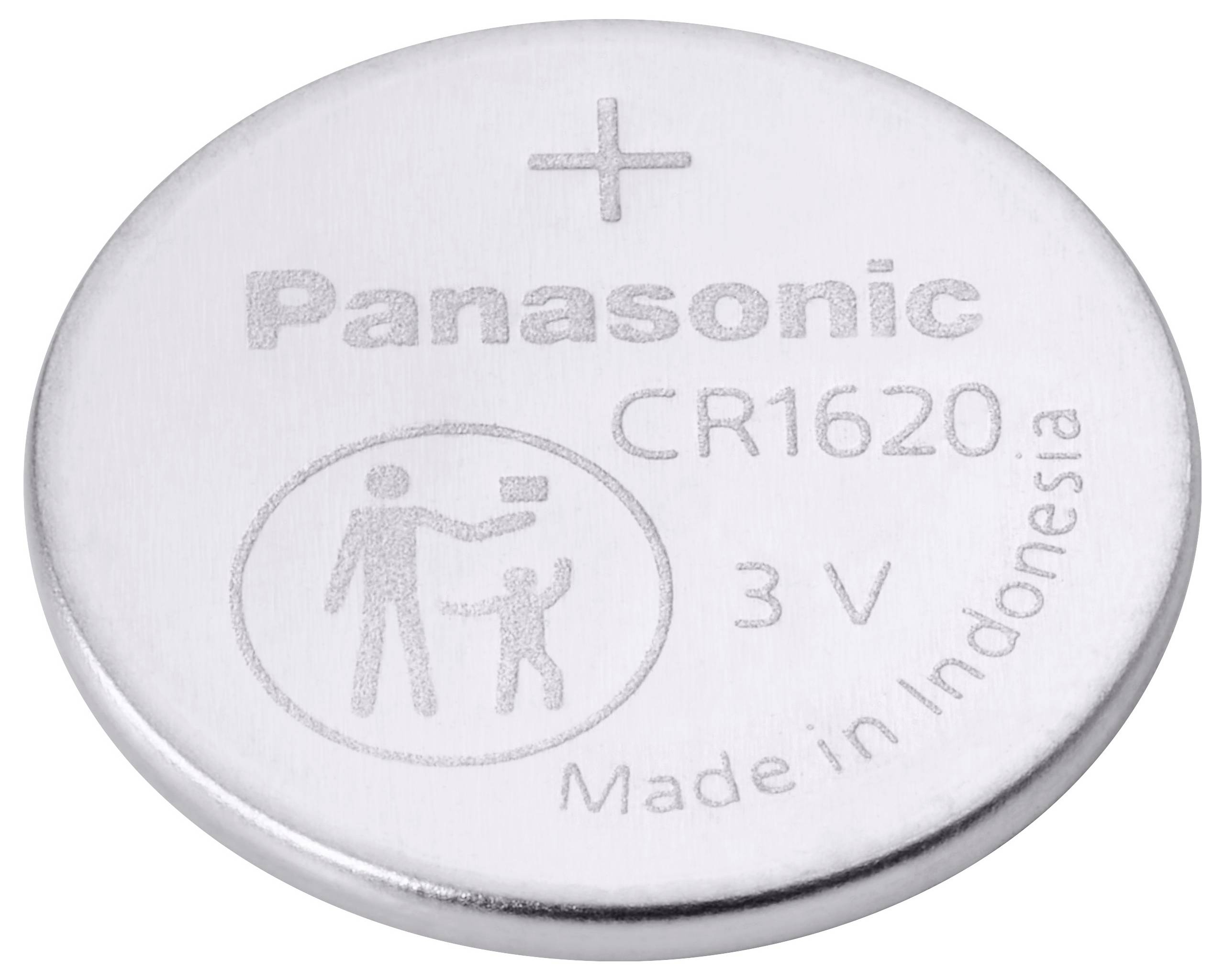 Eine runde, silberne Panasonic CR1620 Batterie mit Pluszeichen, 3V-Beschriftung, Kindersicherheitshinweis und dem Text "Made in Indonesia".