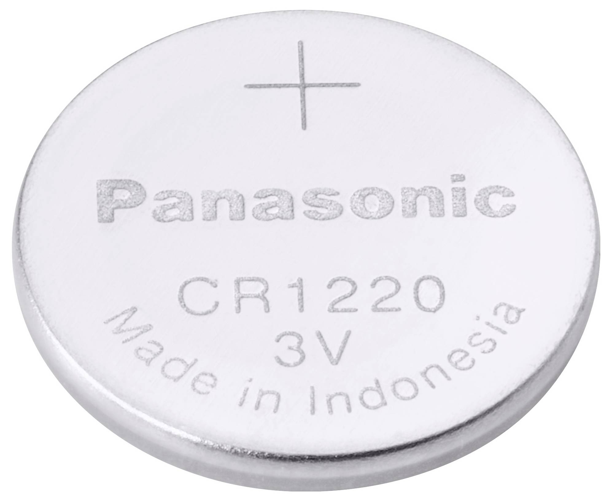 Eine silberne Panasonic CR1220 3V-Knopfzelle ist zu sehen, mit dem Text „Made in Indonesia" unter der Modellnummer eingraviert.