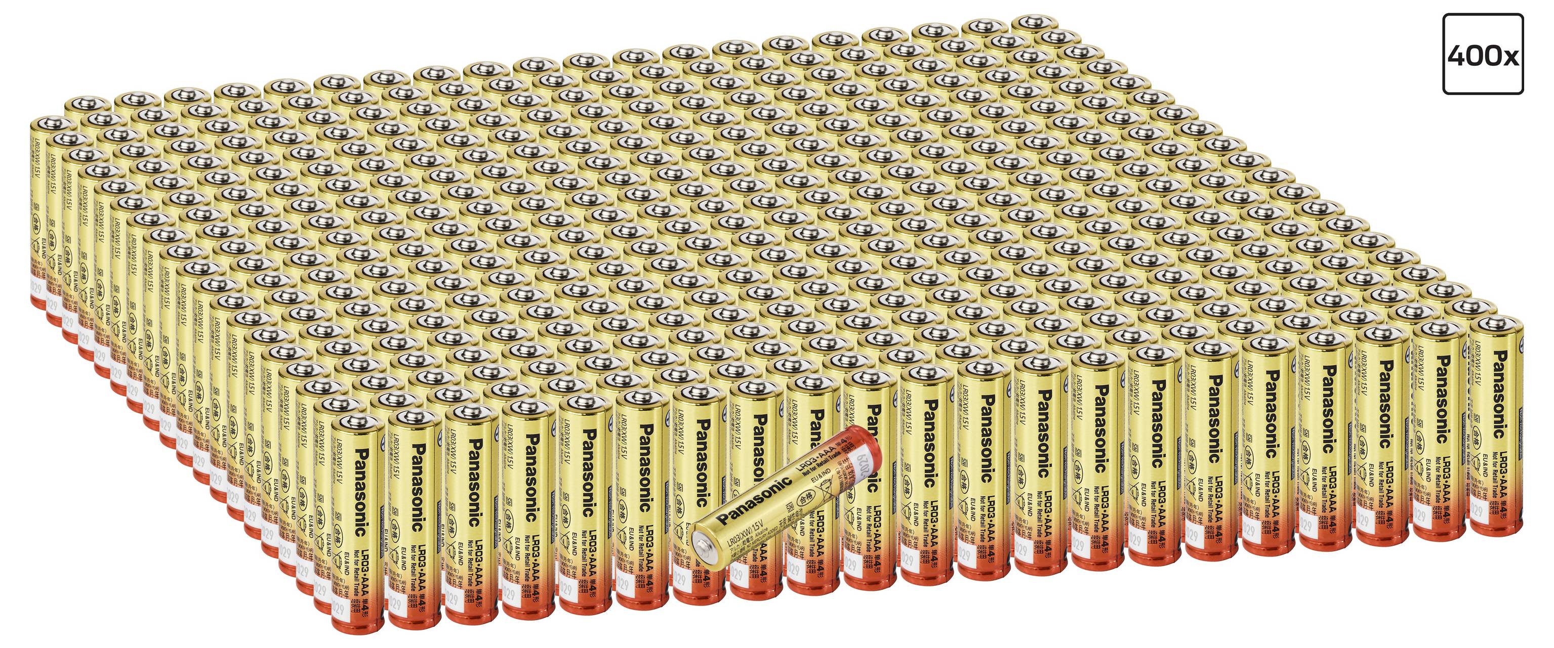 3D-Illustration eines großen gestapelten Arrays von AA-Batterien, gezeigt in perspektivischer Ansicht mit einer Batterie, die diagonal davor liegt; Beschriftung "400x" in der Ecke.