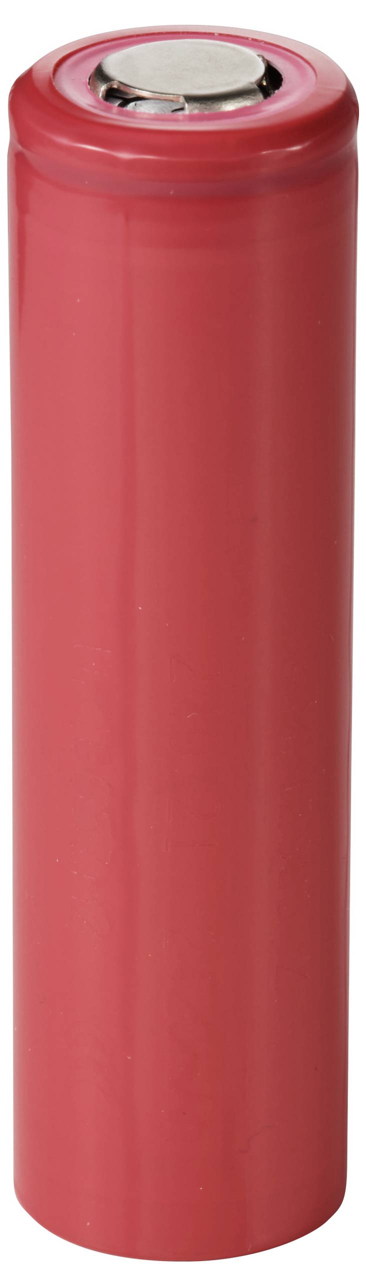 Rote zylindrische Batteriezelle mit silbernem oberen Anschluss auf weißem Hintergrund.