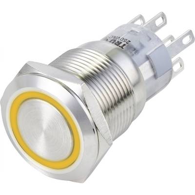 Ein großer runder Metallknopf mit gelbem LED-Ring, geeignet für elektronische Geräte mit einer Spannung von maximal 250 V Wechselstrom.