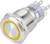 Ein großer runder Metallknopf mit gelbem LED-Ring, geeignet für elektronische Geräte mit einer Spannung von maximal 250 V Wechselstrom.