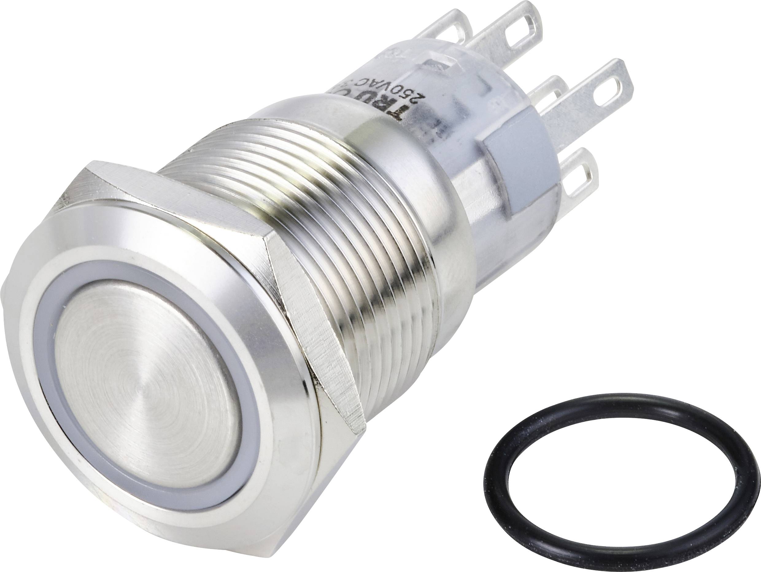 Silberner Metall-Druckknopf mit sechseckiger Mutter und schwarzem O-Ring daneben. Der Knopf hat mehrere Anschlüsse auf der Rückseite.