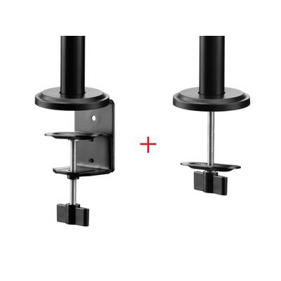 Zwei schwarze Tischklemmen aus Metall mit Schrauben zur Befestigung an Tischplatten; eine Klemme zeigt Seitenansicht, die andere Frontansicht.