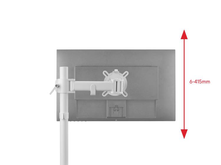 Monitorhalterung mit verstellbarem Arm, der eine vertikale Bewegung von 6 bis 415 mm ermöglicht. Seitenansicht des Setups.