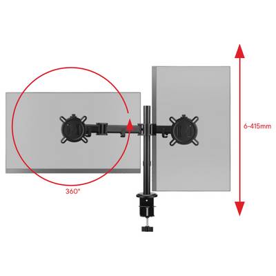 Zwei Monitore an einem verstellbaren Ständer, einer rotiert um 360 Grad. Vertikale Höhenverstellung von 6 bis 415 mm möglich.