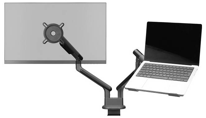'Schreibtisch-Halterung mit zwei Auslegern, die einen Monitor und einen Laptop tragen.'