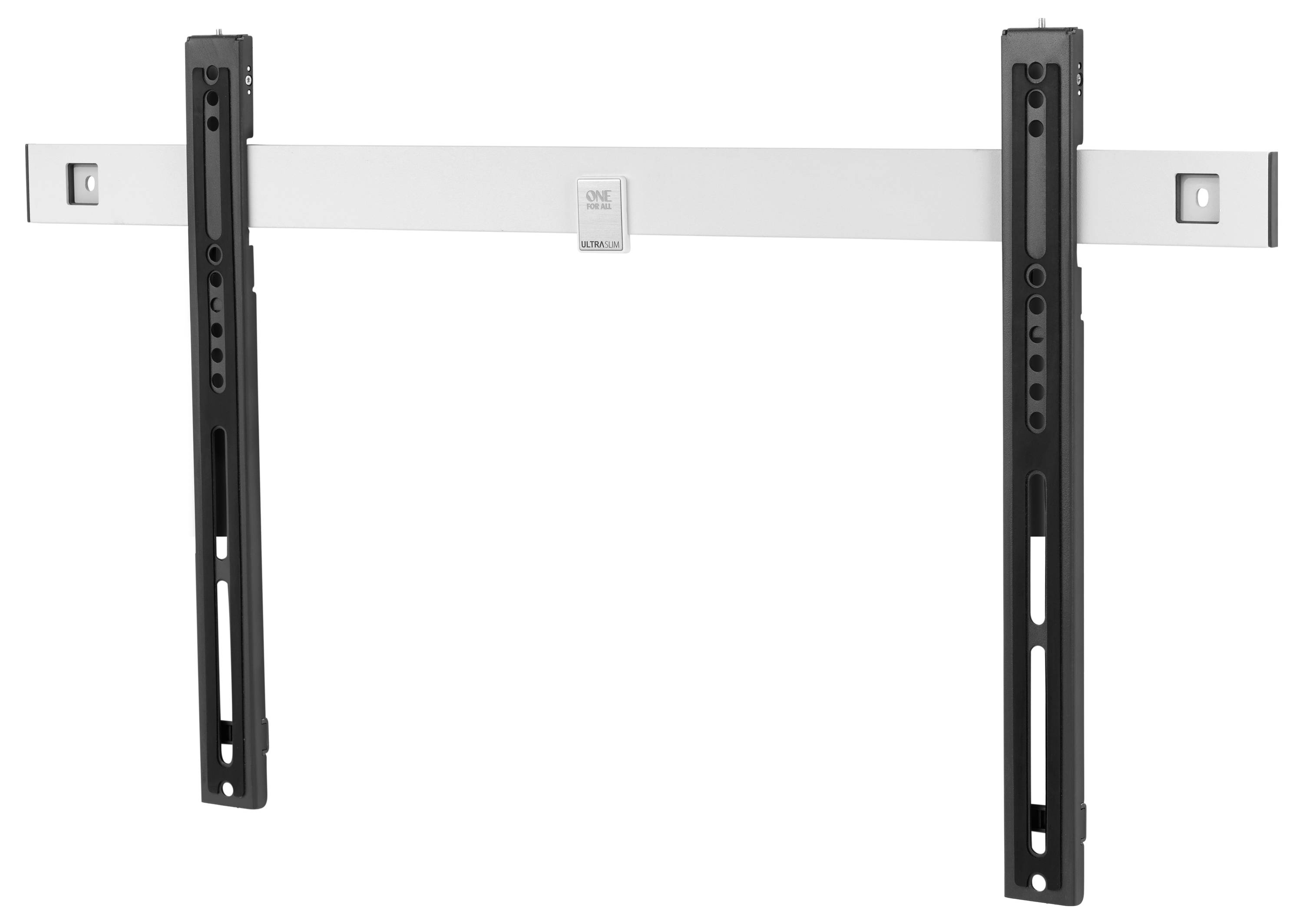 Ein flacher, wandmontierter Fernsehhalter, geeignet für die Anbringung eines Fernsehgeräts. Enthält verstellbare Halterungen.