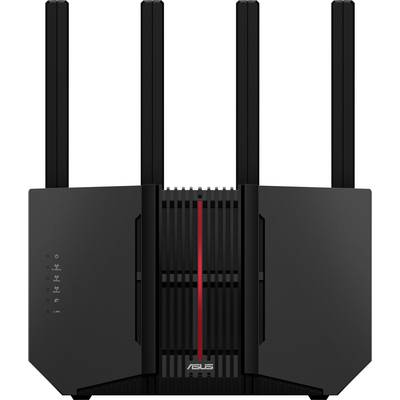 Ein schwarzer WLAN-Router mit vier Antennen. Der Router hat ein vertikales rot-schwarzes Design und seitliche Bedienknöpfe.