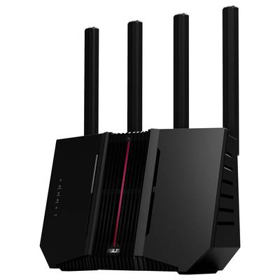 Schwarzer WLAN-Router mit drei Antennen, modernes Design mit roten Akzentlinien.
