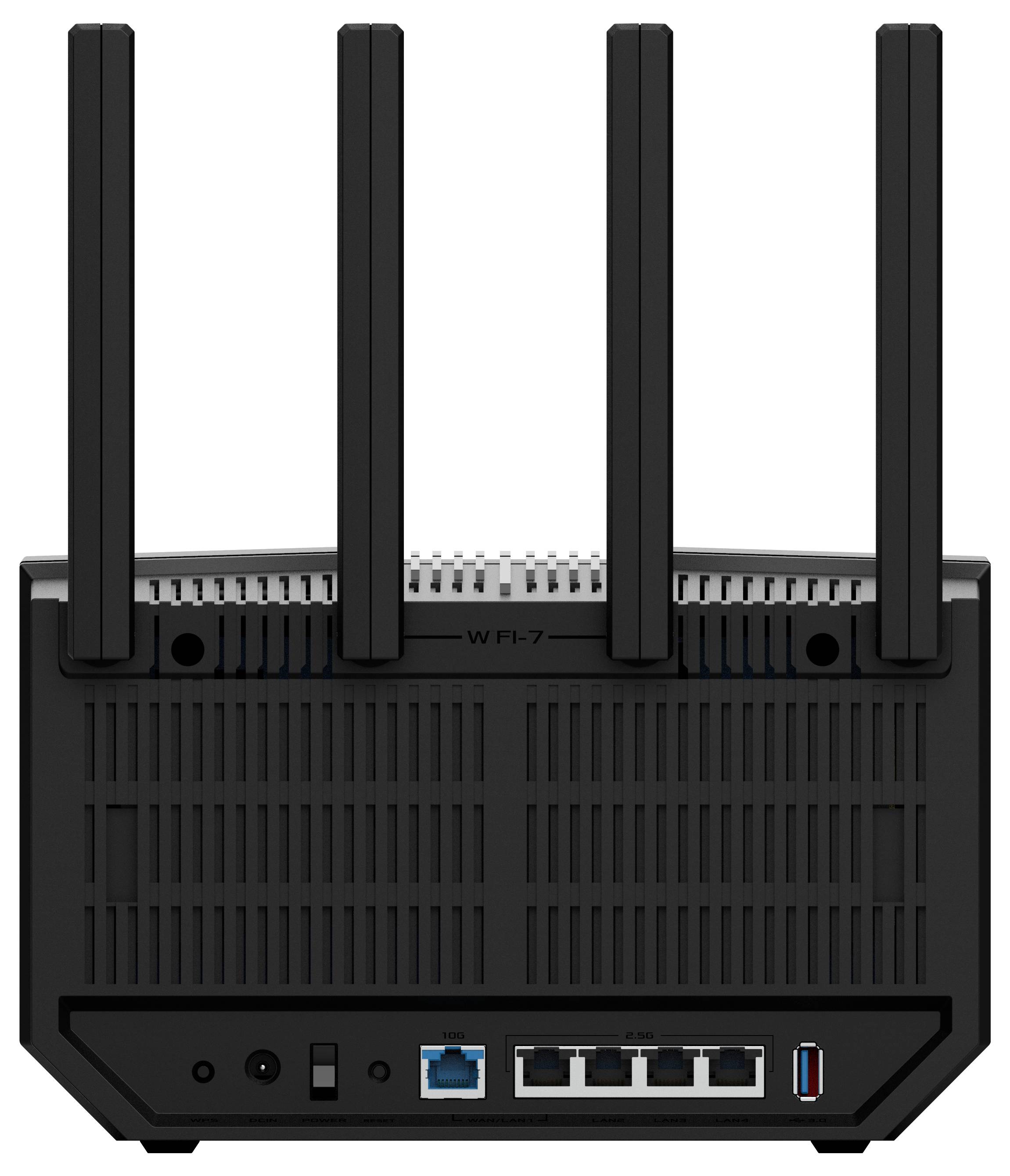 Ein schwarzer Router mit vier Antennen, Wi-Fi-7, LAN- und USB-Anschlüssen auf der Rückseite.