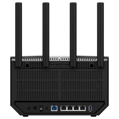 Ein schwarzer Router mit vier Antennen, Wi-Fi-7, LAN- und USB-Anschlüssen auf der Rückseite.
