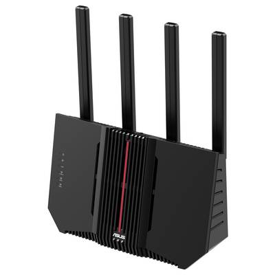 Schwarzer WLAN-Router mit vier vertikalen Antennen, Vorderansicht mit roten Akzenten und Herstellerlogo in der Mitte.