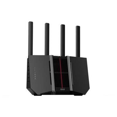Ein schwarzer WLAN-Router mit vier aufrechten Antennen und mehreren Anschlüssen an der Seite; moderne, schlanke Bauweise.