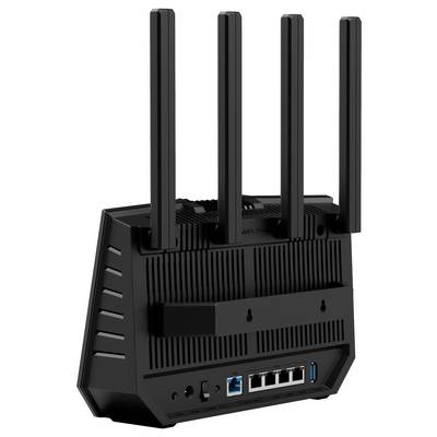 WLAN-Router mit vier Antennen und mehreren Netzwerkanschlüssen auf der Rückseite.