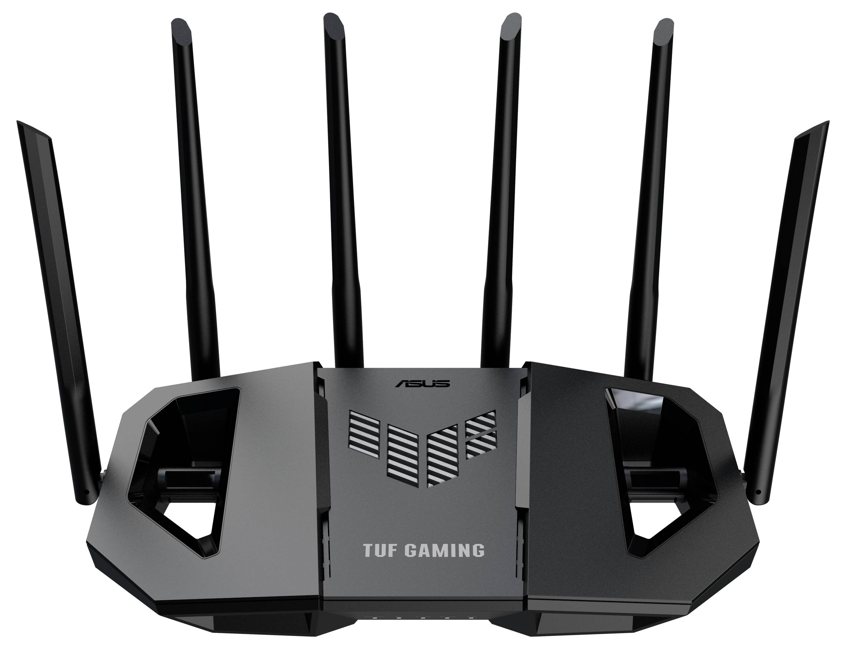 Schwarzer WLAN-Router mit sechs externen Antennen, markiert mit 'TUF Gaming', bietet schnelles Internet für Gaming-Anwendungen.