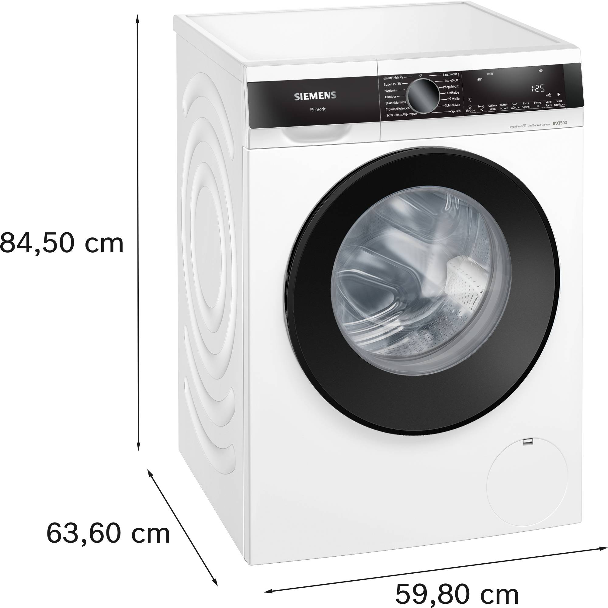Waschmaschine mit einem Frontlader-Design, großem runden Türfenster, schwarzen Bedienelementen und Abmessungen von 84,50 cm Höhe, 59,80 cm Breite, 63,60 cm Tiefe.