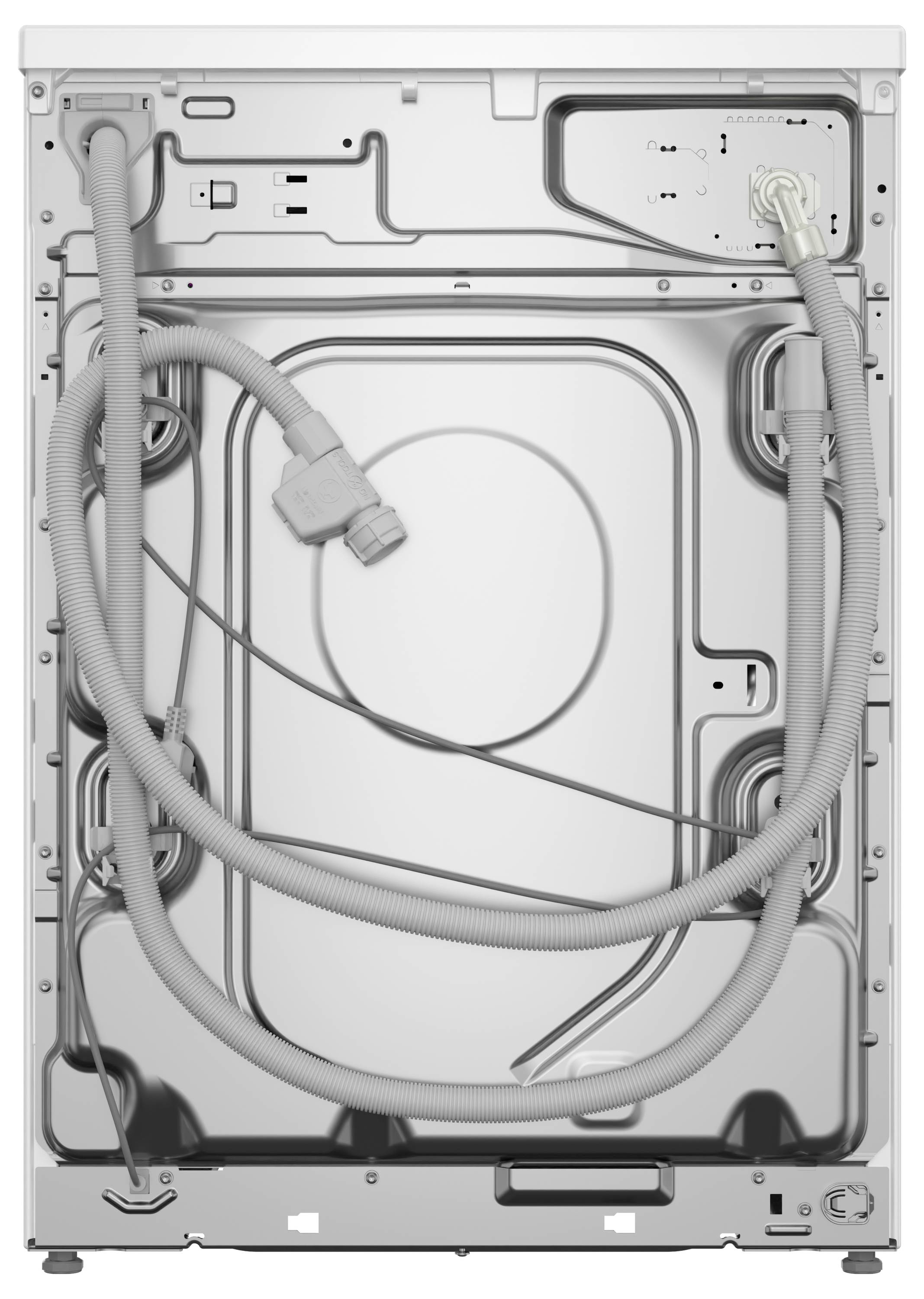 Rückansicht eines Geschirrspülers mit sichtbaren Wasserschläuchen und elektrischen Anschlüssen, zeigt die interne Verkabelung.