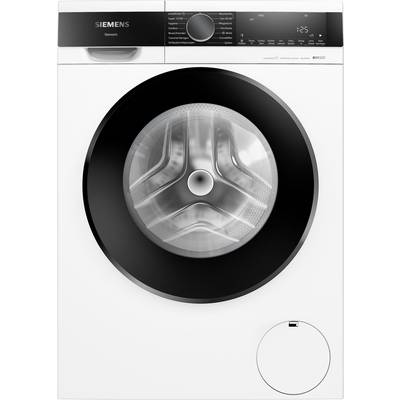 Waschmaschine Siemens iQ500, Frontlader, großes Bullauge, Display zeigt Programmeinstellungen und Timer an.
