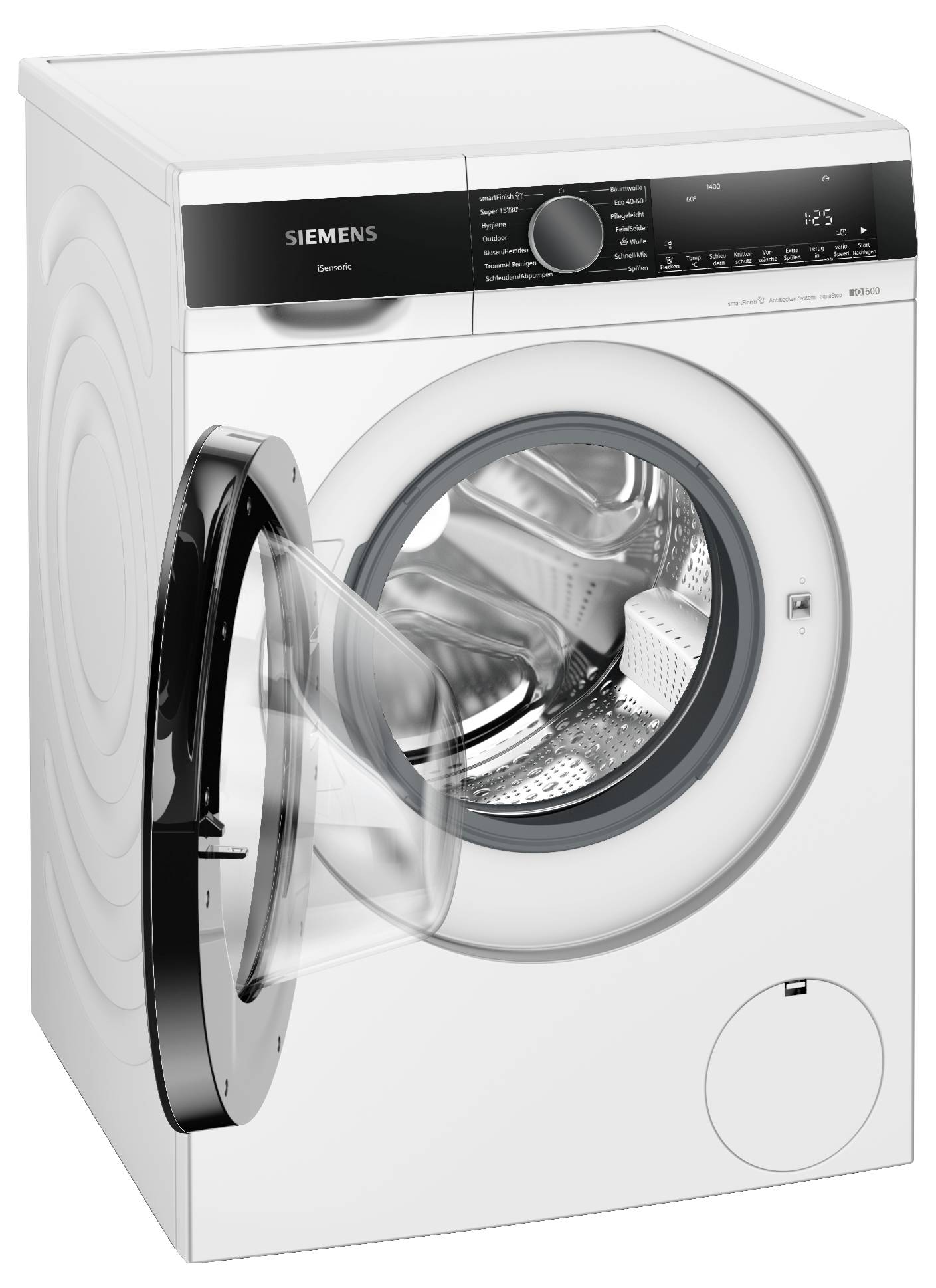 Weiße Siemens Waschmaschine mit offenem Bullauge, Displays und Bedienelementen oben. Geeignet für den häuslichen Gebrauch.